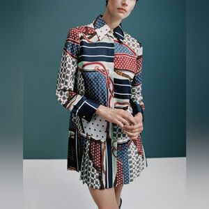 ZARA Women Printed Pattern Patch Work Pleated Shirtdress Sz XS NEW Navy